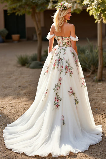 Off The Shoulder Floral White Wedding Dress with Appliques